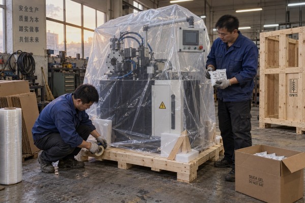 Moisture-proof, shock-proof export packaging setup for cable lug making machine shipment (ID#1)