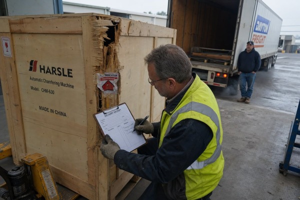 Damaged automatic chamfering machine crate on truck ready for claim filing (ID#1)