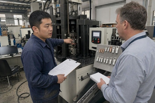 Hydraulic cable lug making machine with metal lug display in factory setting (ID#1)