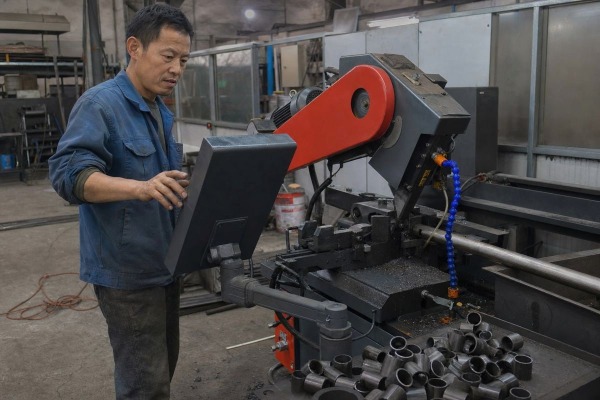 Automatic pipe cutting machine control panel showing English interface support (ID#1)