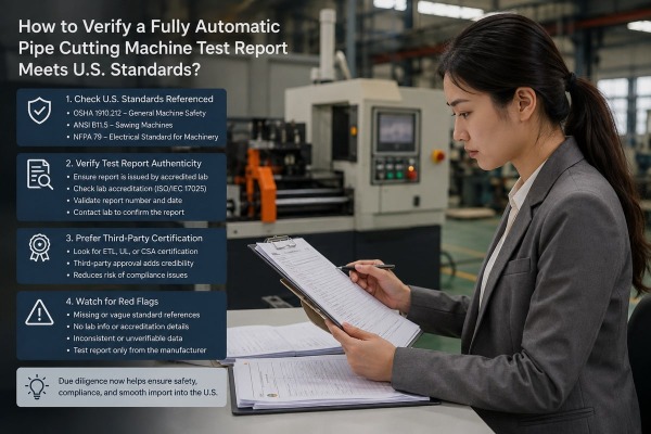 Verifying fully automatic pipe cutting machine test report compliance with U.S. standards (ID#1)