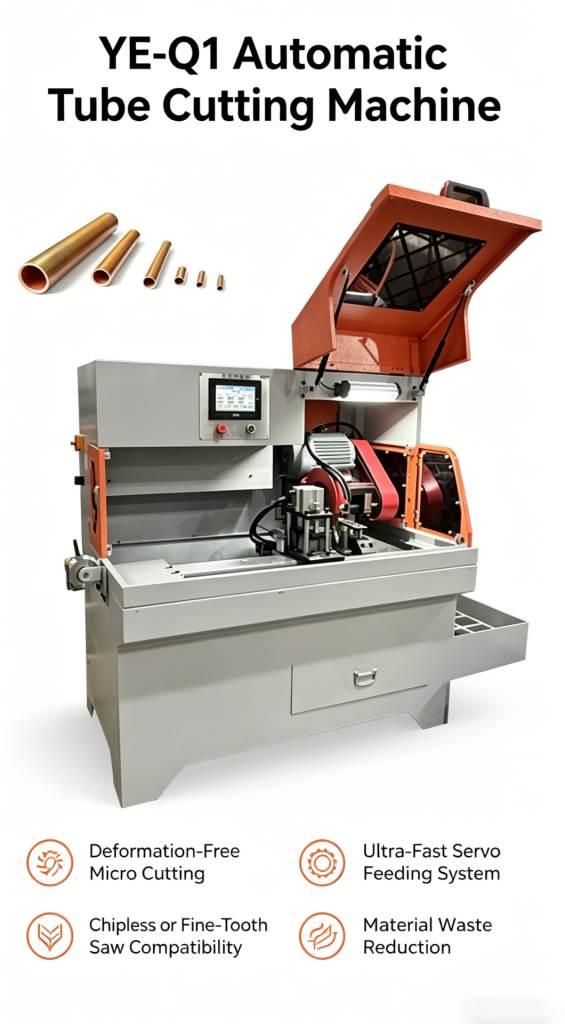 Product graphic showing a YE-Q1 automatic tube cutting machine and copper tube samples.